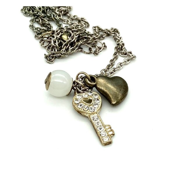 Vintage Silver Tone Charms Necklace, Chain with Tiny Abstract Heart, Pave Heart - Picture 3 of 4